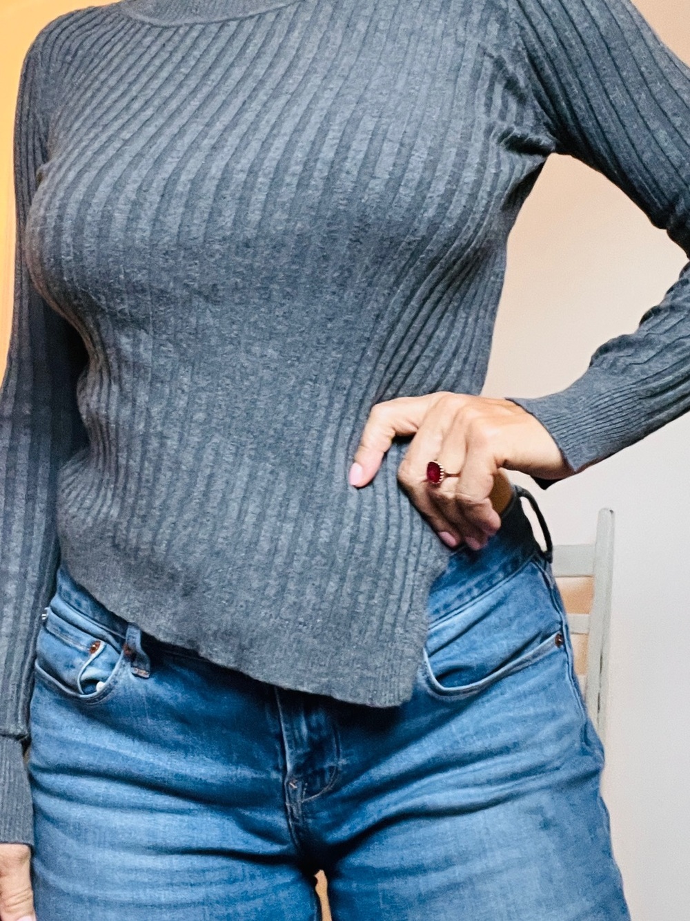 INC International Concepts Charcoal Ribbed Asymmetrical Crewneck Sweater